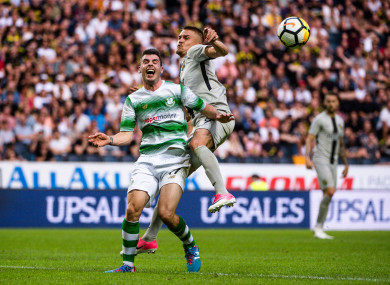 Shamrock Rovers' Joel Coustrain and Rasmus Lindkvist of AIK.