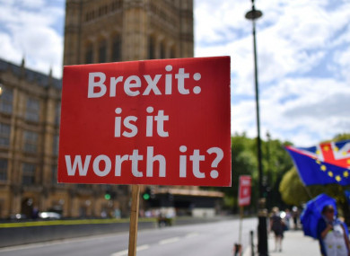 A placard at an anti-Brexit demonstration outside the Houses of Parliament in London.
