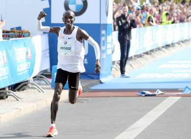 Eliud Kipchoge celebrates his success.