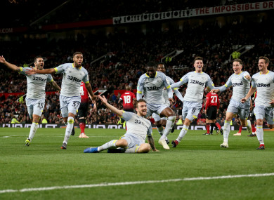 Derby celebrate Jack Marriott's goal.
