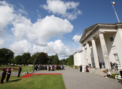 Pictured at Aras an Uachtaráin are Pope Francis and President Michael D Higgins planting a an Irish oak tree.