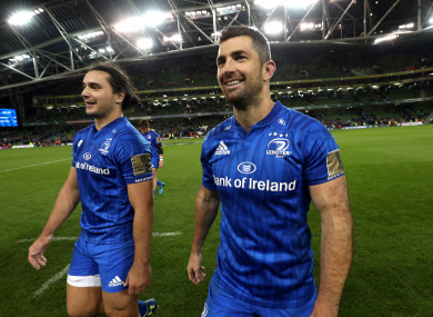 Lowe and Kearney celebrate after Leinster's 30-22 win.