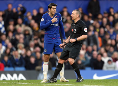 Chelsea's Alvaro Morata (left) speaks to referee Kevin Friend after goal is disallowed.