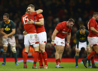 Liam Williams and George North celebrates at full-time.