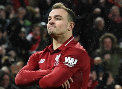 Shaqiri celebrates a goal against Man United.