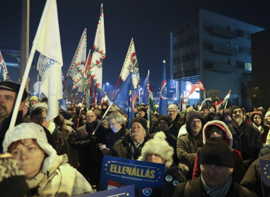 Protesters during a rally this evening in Budapest