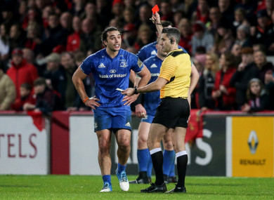 Referee Frank Murphy sends off Leinster's James Lowe.