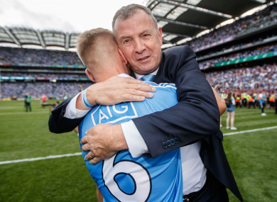 John Costello celebrating Dublin's All-Ireland final victory over Tyrone with Jonny Cooper.