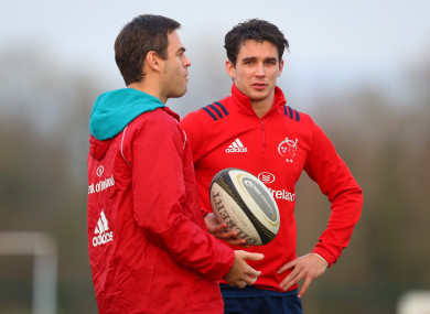 Johann van Graan chats with out-half Joey Carbery this week.
