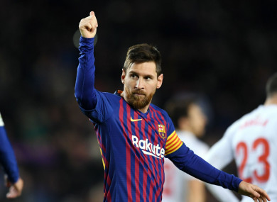 Lionel Messi celebrates his 400th LaLiga goal