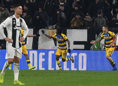 Gervinho celebrates scoring for Parma against Juventus.