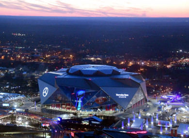 General overall aerial view of Mercedes-Benz Stadium in Atlanta, Georgia.