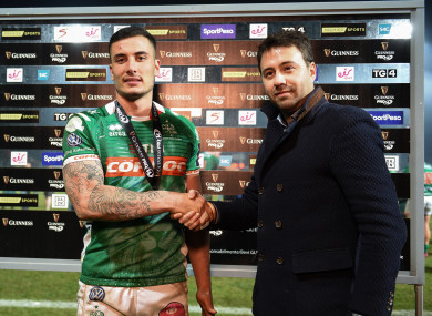Marco Zanon receives the man-of-the-match award after Benetton's win against Scarlets in the Pro14 last month.