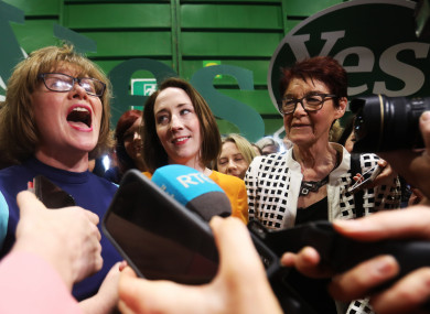 (L to R) Orla O’Connor, Grainne Griffin, Ailbhe Smyth in the RDS during the referendum count.