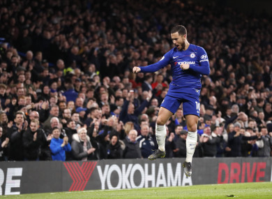 Eden Hazard celebrates Chelsea's second goal at Stamford Bridge.