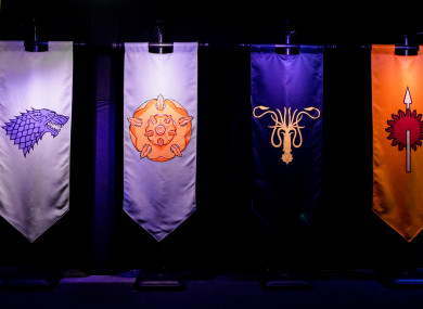 Banners carrying the sigils of House Bolton, House Stark, House Tyrell, House Greyjoy, House Martell, and House Arryn, on display at the launch of the Game of Thrones touring exhibition at the Titanic Exhibition Centre in Belfast.