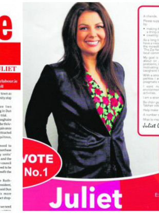 Labour candidate for Dún Laoghaire/Rathdown, Juliet O'Connell came under fire for using the likeness of the Dublin Gazette on leaflets distributed during her campaign.