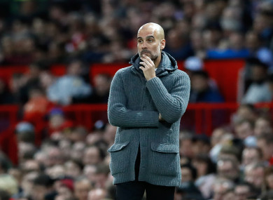 Pep Guardiola pictured on the touchline on Wednesday night.