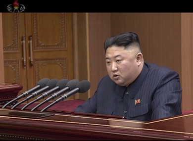 North Korean leader Kim Jong Un delivering his speech at parliament in Pyongyang, North Korea.