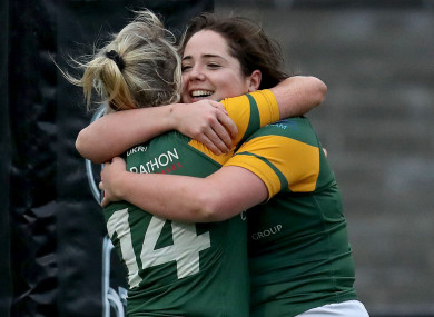 Railway Union's Stephanie Carroll and Lisa Callan celebrate after their win against Old Belvedere.