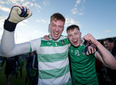 Limerick goalkeeper Donal O'Sullivan celebrates their victory with Padraig De Brún.