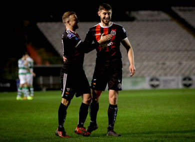 Bohemians' Keith Ward and Aaron Barry (right) celebrate a goal.