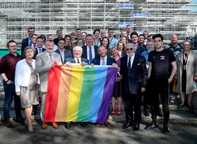 Ceann Comhairle Seán Ó Fearghaíl with the Pride flag that will fly over Leinster House on Saturday.