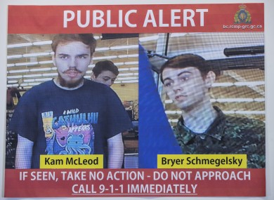 Security camera images of Kam McLeod, 19, and Bryer Schmegelsky, 18, are displayed during a news conference in Surrey, British Columbia
