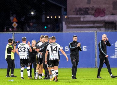 The Dundalk players celebrating their victory over Riga.