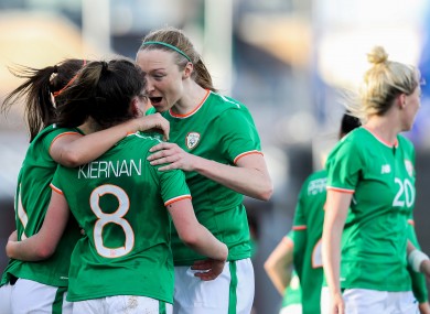 Leanne Kiernan, Katie McCabe and Louise Quinn celebrate a World Cup qualifier goal against Slovakia last year.