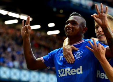 Alfredo Morelos celebrates a hat-trick for Rangers.