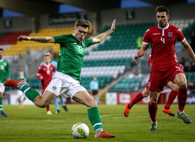 Aaron Drinan has a shot on goal during the Ireland U21s' win against Luxembourg back in March.