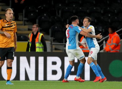 Derrick Williams celebrates scoring last night with Stewart Downing.
