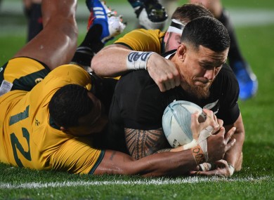 Sonny Bill Williams scores a try for New Zealand.