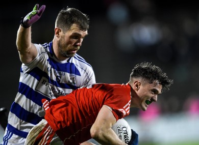 Ballintubber's Brian Murphy under pressure from Seamus O'Shea of Breaffy during the 2018 Mayo SFC final.