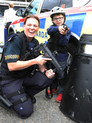 Charlie Byrne from Terenure, Dublin using his own gun and helmet in support of Sgt Aine Power of the Garda Armed Support Unit.