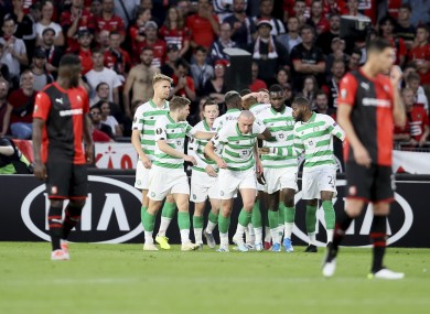 Celtic players celebrate after Ryan Christie equaliser.
