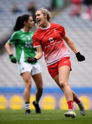 Kate Flood of Louth celebrates after scoring her side's first goal during the TG4 All-Ireland Ladies Football Junior Championship final.