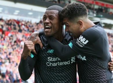 Liverpool's Georginio Wijnaldum celebrates scoring.