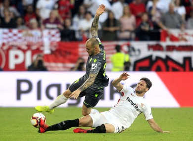 Real Sociedad's Sandro Ramirez and Sevilla FC's Sergi Gomez.