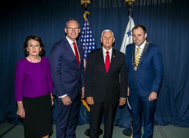 Rose Hynes, Chairman Shannon Group, Tánaiste Simon Coveney TD, Vice President of the United States of America Mr Mike Pence and Mayor of Clare Cllr Cathal Crowe TD on the Vice Presidents arrival at Shannon Airport today.