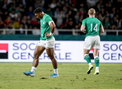 Bundee Aki leaves the field after his red card against Samoa.