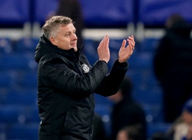 Manchester United manager Ole Gunnar Solskjaer applauds the fans at the end of the Carabao Cup, Fourth Round match at Stamford Bridge.