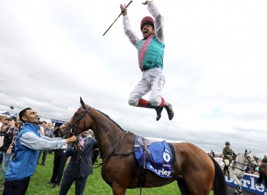 Frankie Dettori celebrating after victory for Enable at the Curragh in 2017.