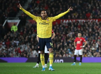 Aubameyang celebrating his goal against Man United on Monday.