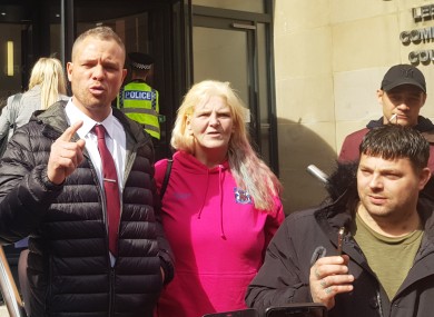 Defendant Phillip Hoban (left) addressing his supporters outside Leeds Crown Court