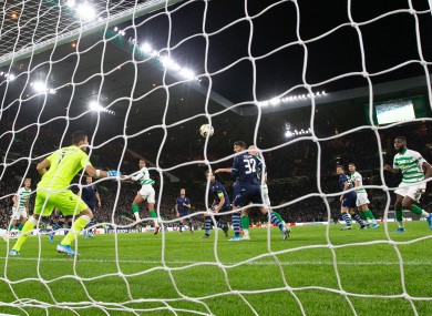 Celtic's Christopher Julien scores during the game against Lazio in Glasgow.