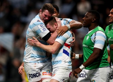 Donnacha Ryan and Finn Russell celebrate Russell's try.