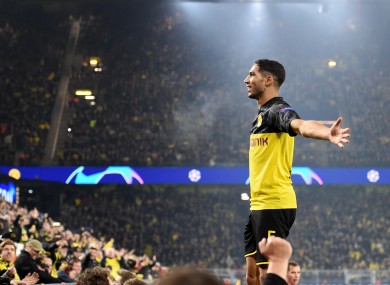Achraf Hakimi celebrates capping Dortmund's stunning comeback win.