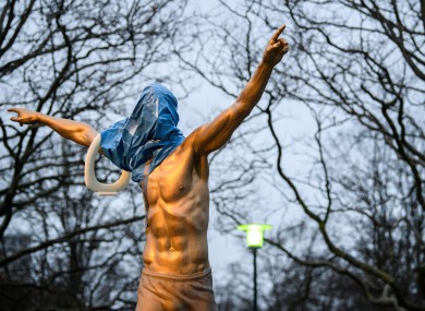 The statue of Zlatan Ibrahimovic after it was vandalised.